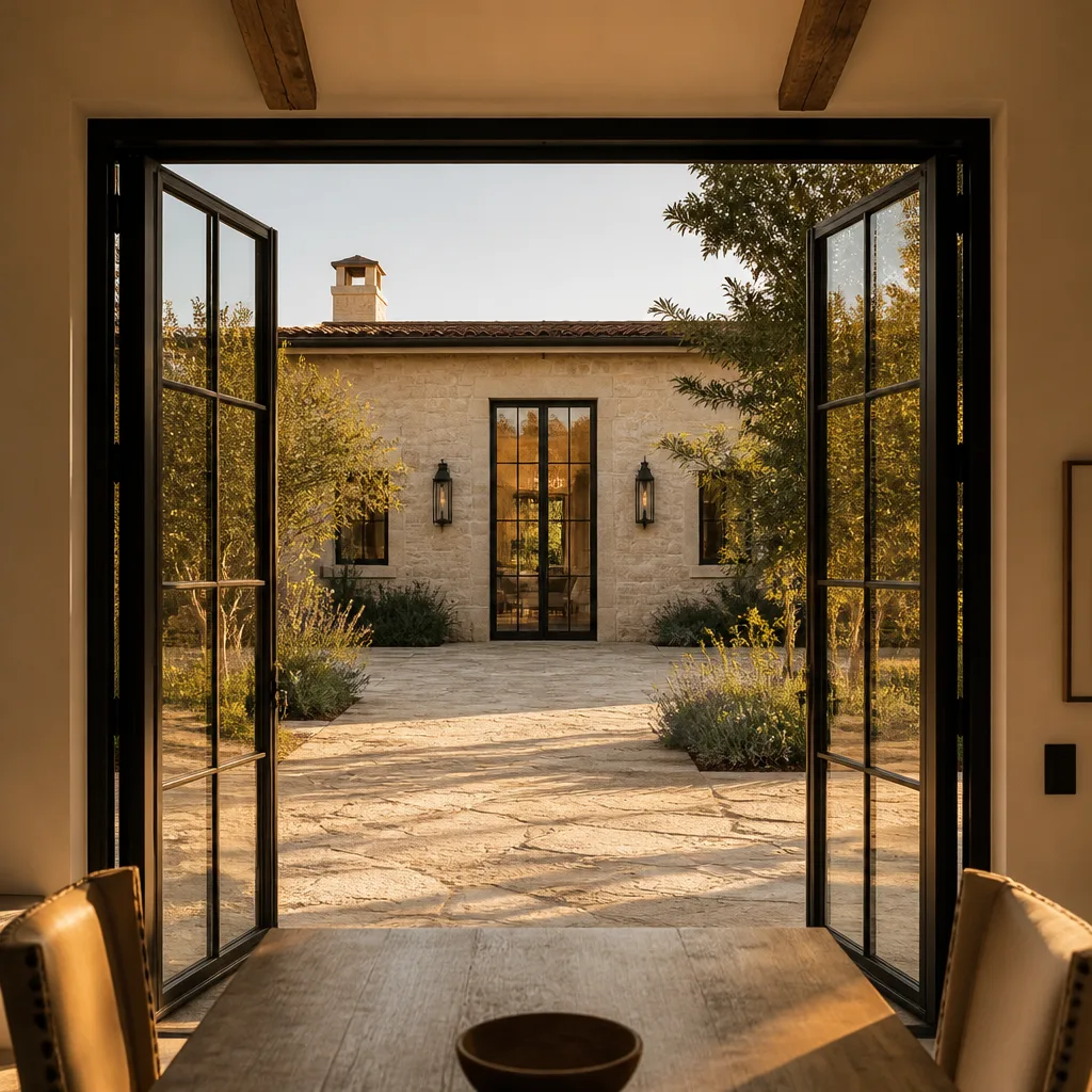 Custom black-framed French door installation overlooking a stone courtyard