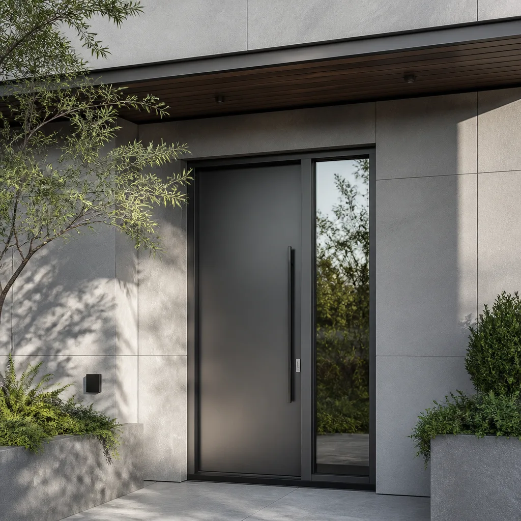 Modern black entry door with sidelight and contemporary concrete architectural design