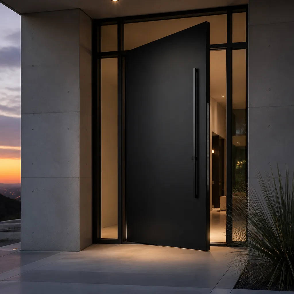 Modern black pivot door installed at a luxury home entrance