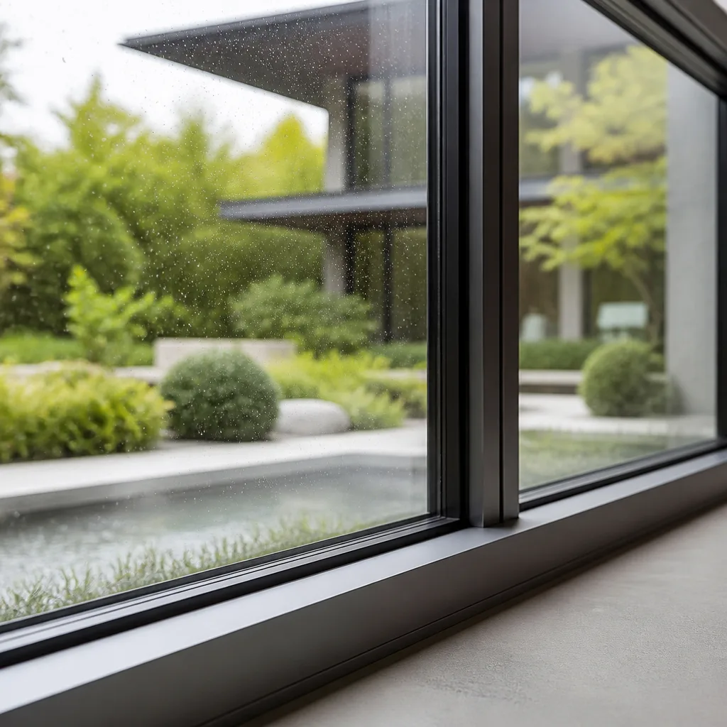 Modern black window installation overlooking a lush residential backyard landscape