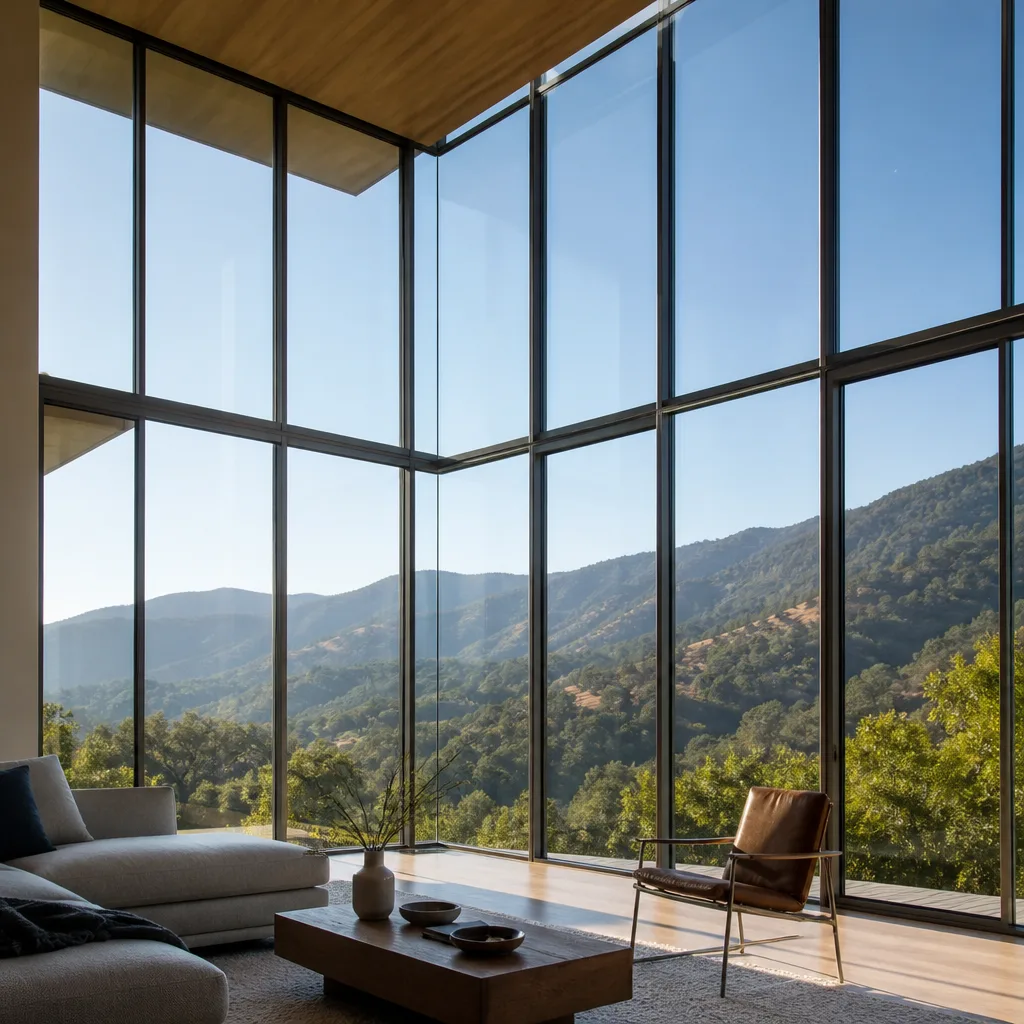 Floor-to-ceiling modern glass window installation overlooking a mountain range