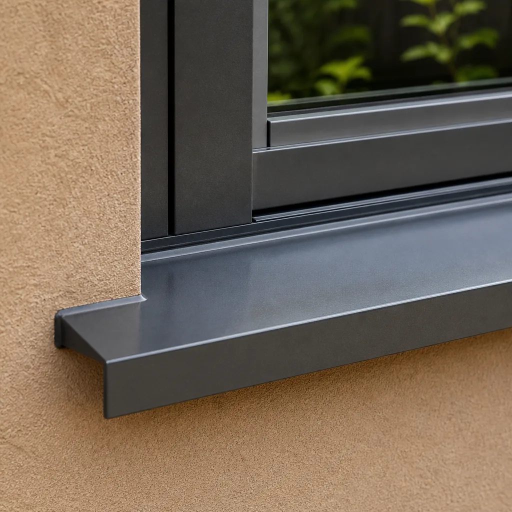 Modern dark grey window frame and aluminum sill on textured wall