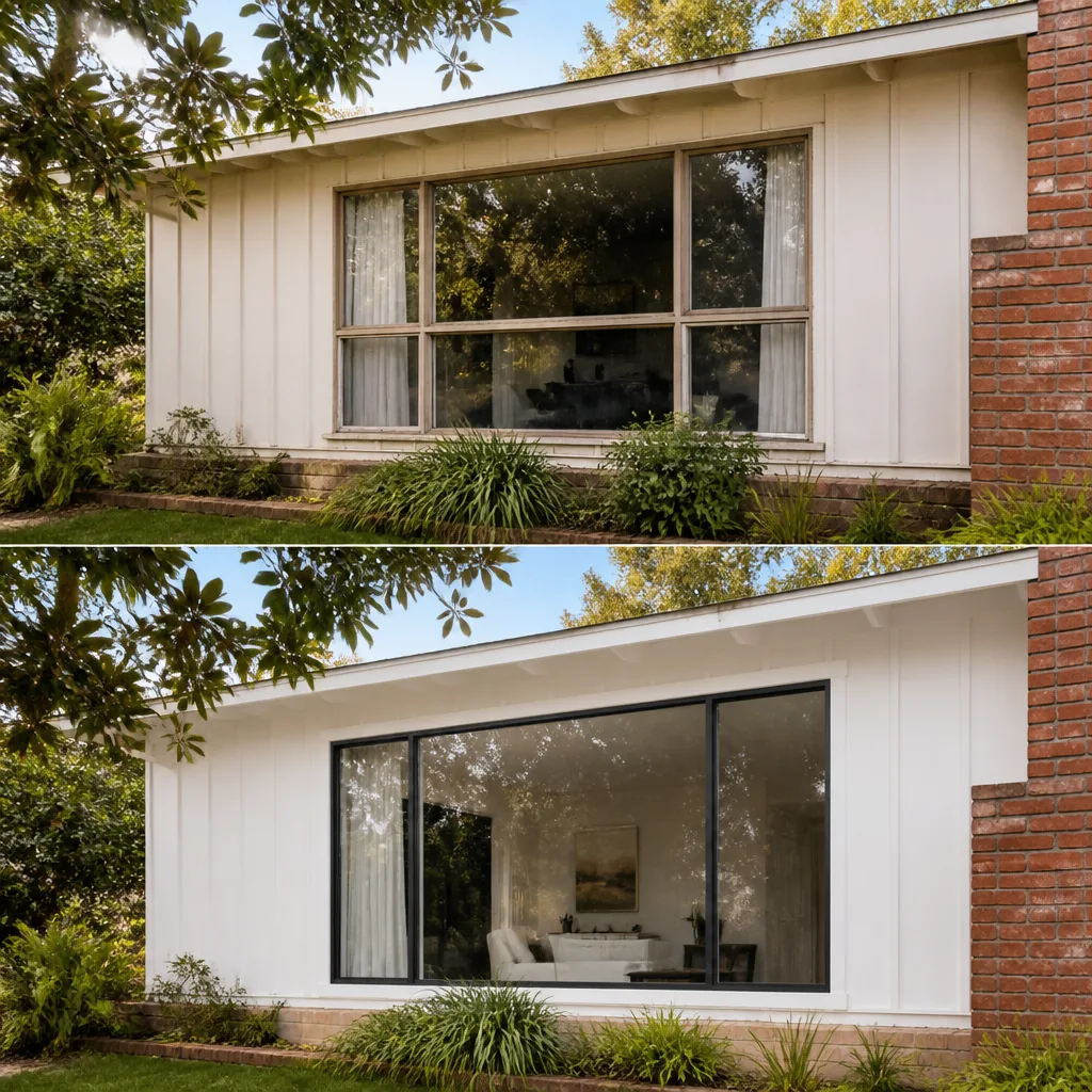 Home exterior showing a professional window replacement with modern black frames