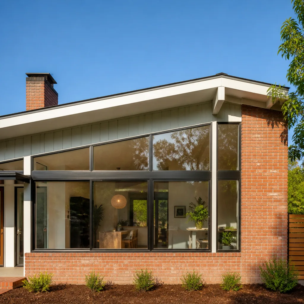 Modern home exterior with professionally installed black-framed replacement windows